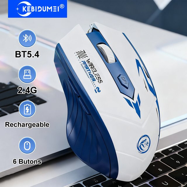 Kebidumei Dual-Modus Bluetooth 5.4 und 2,4 G Funkmaus mit 6 Tasten, wiederaufladbare Gaming-Maus für PC, Laptop und Macbook, Weiß - Bild 1