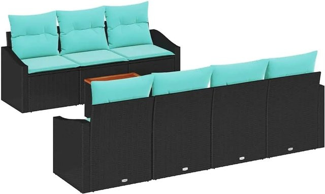 vidaXL Gartensofa-Set 8-teilig aus Poly-Rattan und Akazienholz in Schwarz mit Kissen und Gartentisch - Bild 1