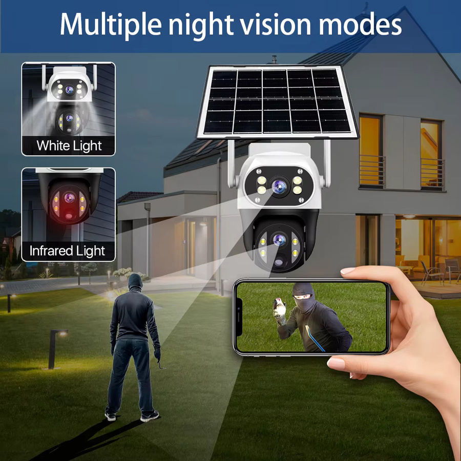V380 WiFi-Solar-Überwachungskamera in Weiß mit dreifacher Sicht, PIR-Personenerkennung, 10-fachem digitalem Zoom und Nachtsicht - Bild 4