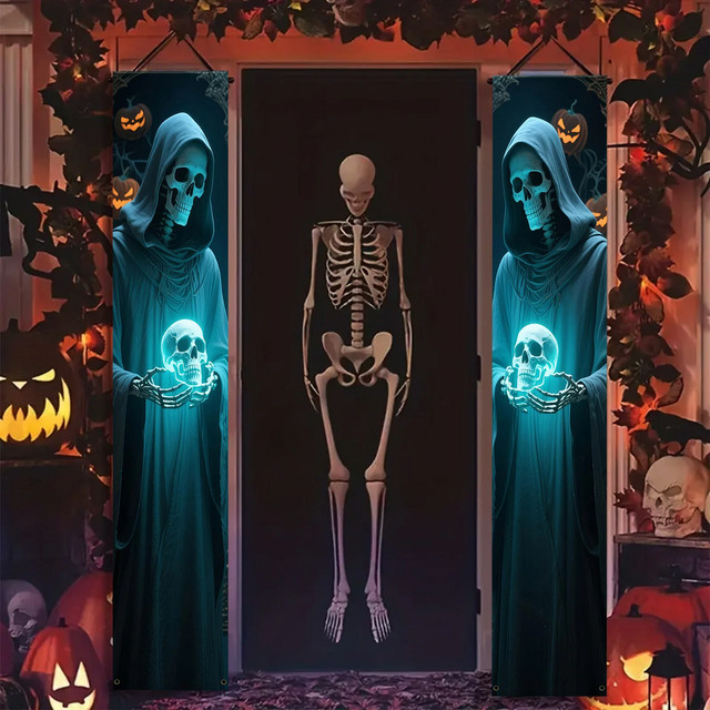 VIKAMA 2-teiliges Halloween-Türbehang-Set mit Sensenmann-Skelett-Design, Textil-Dekoration für Eingangstür und Veranda, B/H: 30 x 180 cm - Bild 1