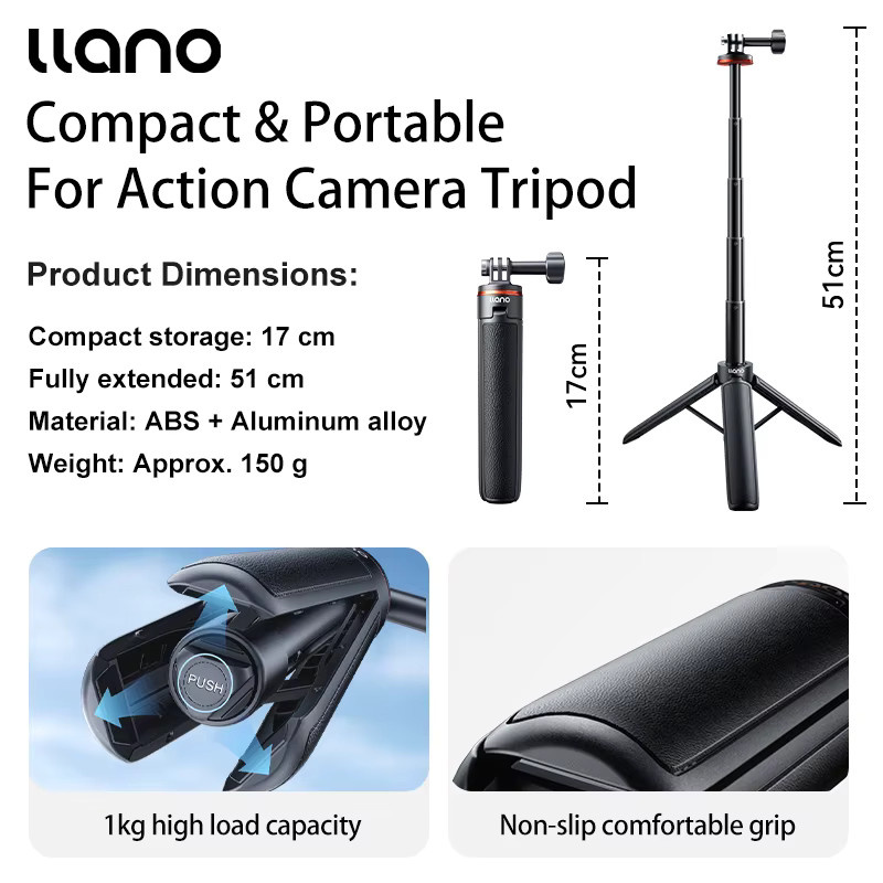 llano Selfie-Stick-Stativ in Schwarz, tragbarer Vlog-Griff für Action-Kameras, Höhe: 51,5 cm - Bild 2