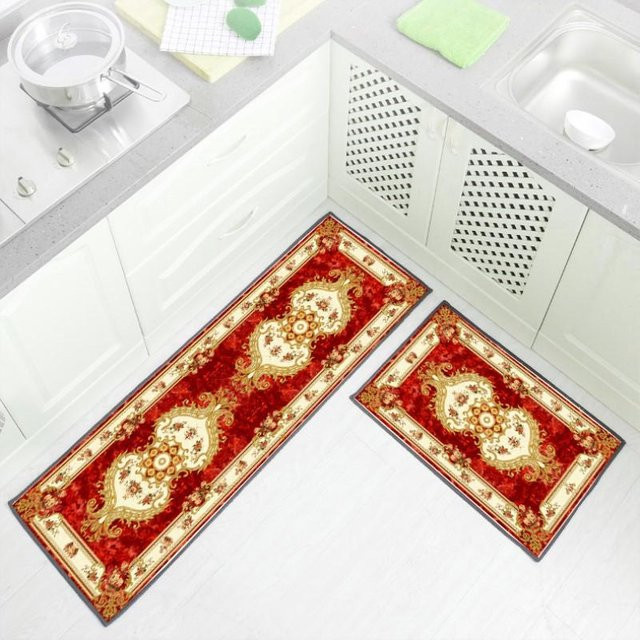 Rutschfestes Teppich-Set im orientalischen Floral-Design aus Polyester, Farbe Rot, für Küche, Schlafzimmer oder Flur, B/T: 40 x 60 cm und 40 x 120 cm - Bild 1