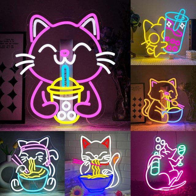 Dimmbare LED Neon-Leuchtreklame Katze Boba Tee Wanddekoration in Multicolour für Café und Bar - Bild 1