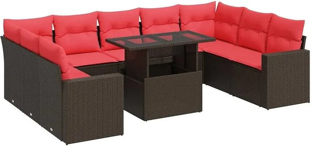 vidaXL 10-tlg. Garten-Sofagarnitur aus Polyrattan und Akazie mit Kissen in Braun - Bild 1