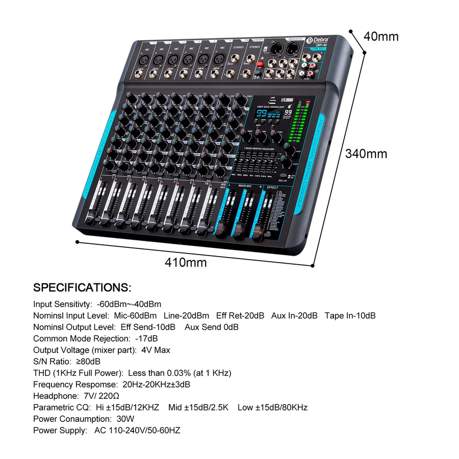 Debra DJ Controller 10 Kanäle 99 DSP Audio Mixer mit Bluetooth 5.0 und Reverb in Schwarz - Bild 6