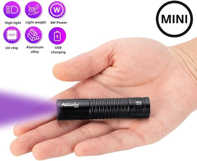 Alonefire Mini UV-Taschenlampe USB wiederaufladbar Schwarz 395/365nm zur Geldscheinprüfung und Hygiene-Detektion - Bild 1