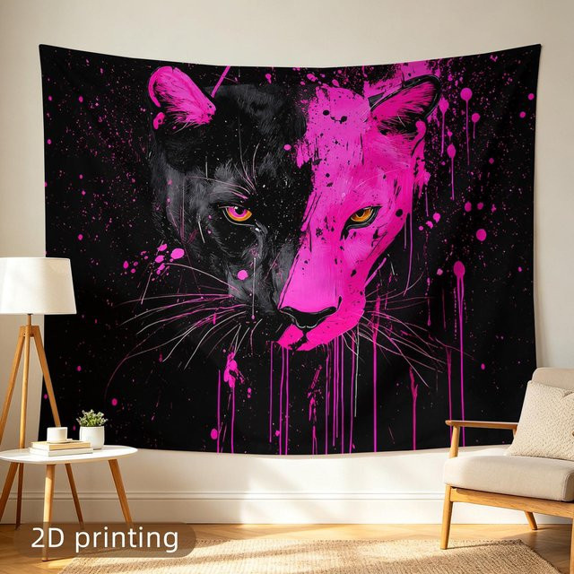 Moderner Wandteppich von Pure Tee mit abstraktem Schwarzer Panther Motiv in Schwarz und Neon Pink, Breite: 150 cm, Höhe: 100 cm - Bild 1