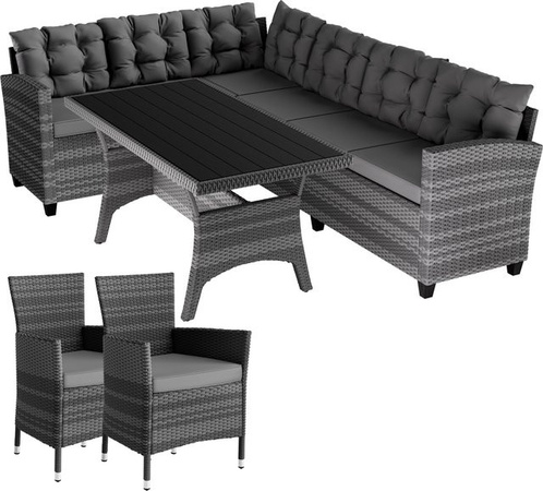 Casaria Polyrattan Ecklounge Lissabon in Grau/Anthrazit mit Eckbank, Tisch und 2 Gartenstühlen inklusive Polsterung