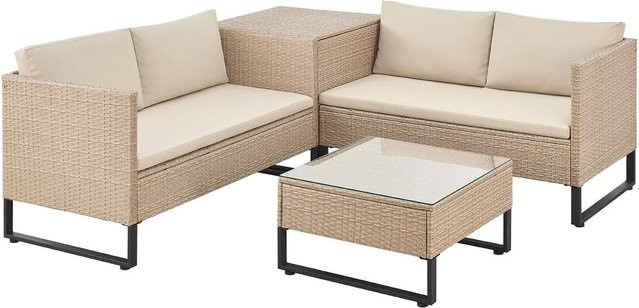Juskys Polyrattan Lounge Santorini Outdoor Sitzecke in Creme Sand mit Beistelltisch aus gehärtetem Glas und Auflagenbox - Bild 1