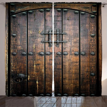 2 Stück Shabby Retro Vorhänge mit Holztür-Design in Braun, 3D Digitaldruck, halbtransparent, B: 50 cm, H: 160 cm