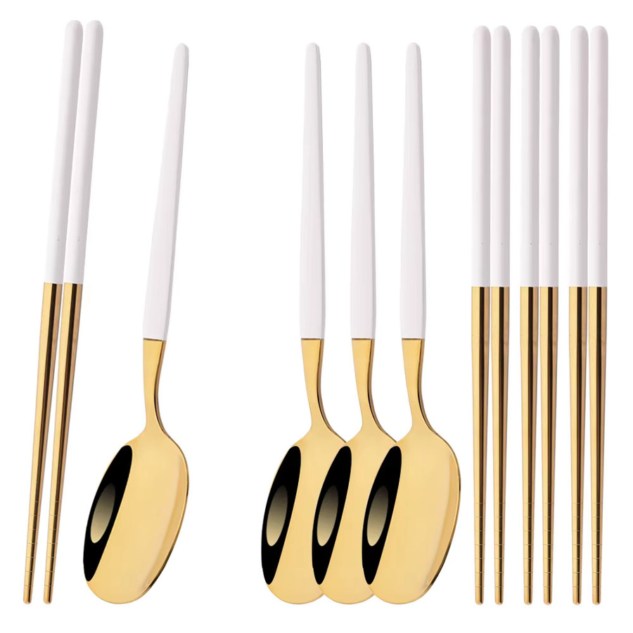 8-teiliges Koreanisches Besteckset aus Edelstahl in Weiß und Gold für 4 Personen mit Löffeln und Stäbchen - Bild 2