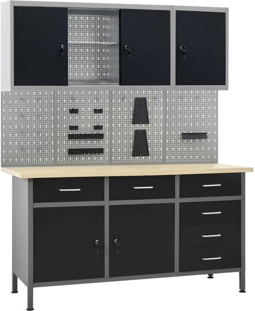 vidaXL Werkbank mit 4 Werkzeugwänden und 2 Wandschränken in Schwarz-Grau, höhenverstellbar, B/T/H: 160 x 60 x 85 cm - Bild 1