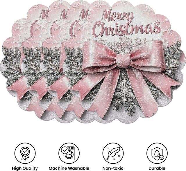 VIKAMA 4-teiliges Weihnachts-Tischset Set in Rosa mit Schleifen, Schneeflocken und Tannenzweigen zur Tischdekoration - Bild 1