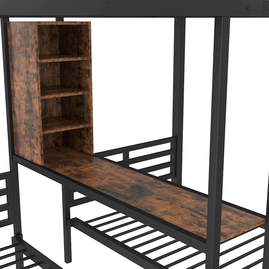 KOMHTOM 3-in-1 Etagenbett für 3 Personen aus Metall mit Seitengittern, Staufächern, 2 Schubladen und Regalen, Schwarz, B/T/H: 140 x 200 cm + 90 x 200 cm - Bild 4