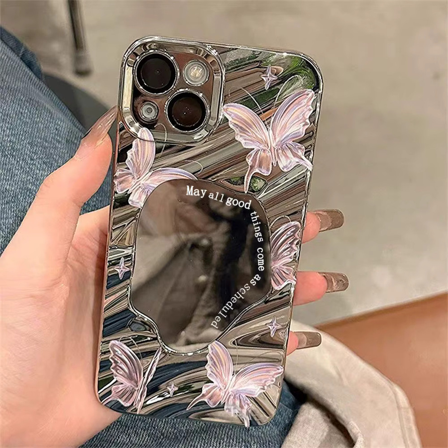 AKABEILA Schmetterlings Handyhülle mit Make-up-Spiegel für iPhone 16 Pro Max, 15 Pro Max, 14 Pro Max, 13, 12 und weitere Modelle, stoßfeste weiche Schutzhülle - Bild 2