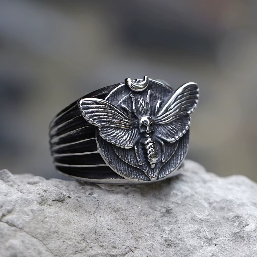 Herrenring Edelstahl, Death's Head Skull Moth, Silber - Bild 2