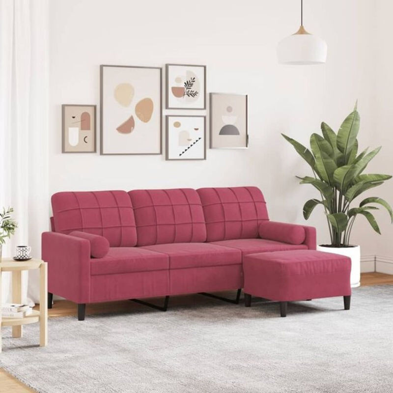 vidaxl 3-Sitzer-Sofa mit Hocker in Weinrot aus Samt mit modernem Design - Bild 1
