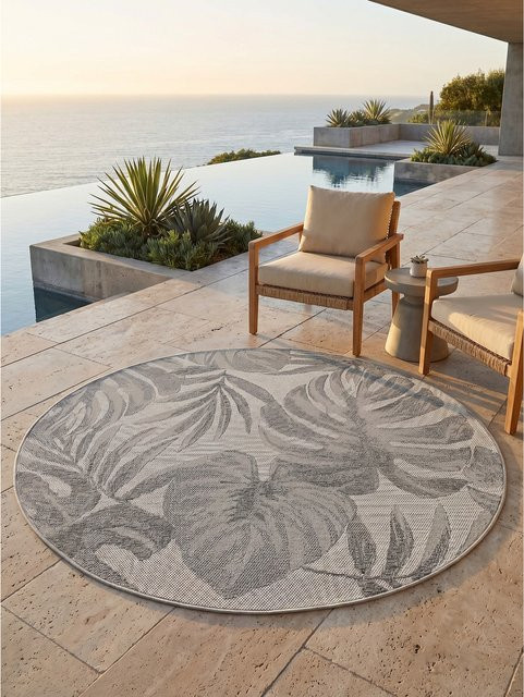 Kadima Design Outdoor-Teppich Tropische Blätter Grau, UV-beständig, B/B: 120 x 120 cm - Bild 1