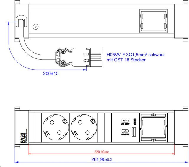Bachmann Power Frame Steckdosenleiste ALU in Schwarz mit 2x Schutzkontaktsteckdosen, 1x USB-A & USB-C 22W Charger und 1x leerem Custom Modul, 0,2m Zuleitung mit GST18 Stecker - Bild 1