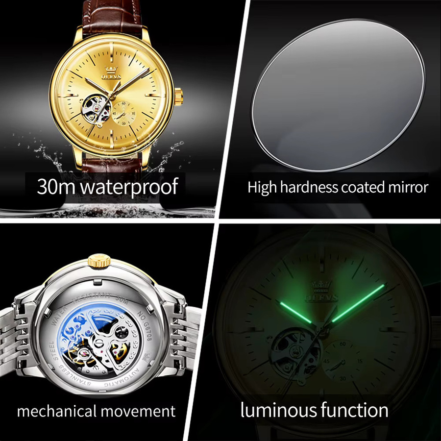 OLEVS Armbanduhr Automatik, Leder, Gold, Herren - Bild 5