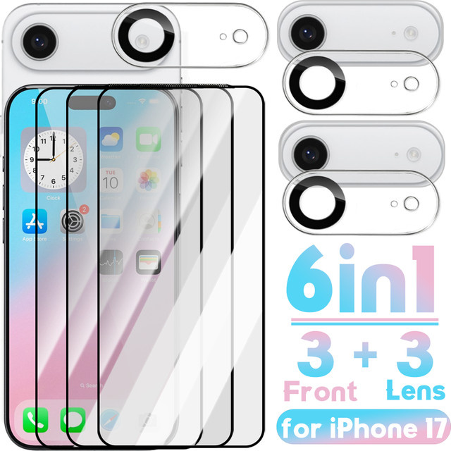 6 in 1 Displayschutz-Set für Apple iPhone 17 Pro Max und iPhone 17 Air mit gehärtetem Glas und Kameralinsenschutz, transparent - Bild 1