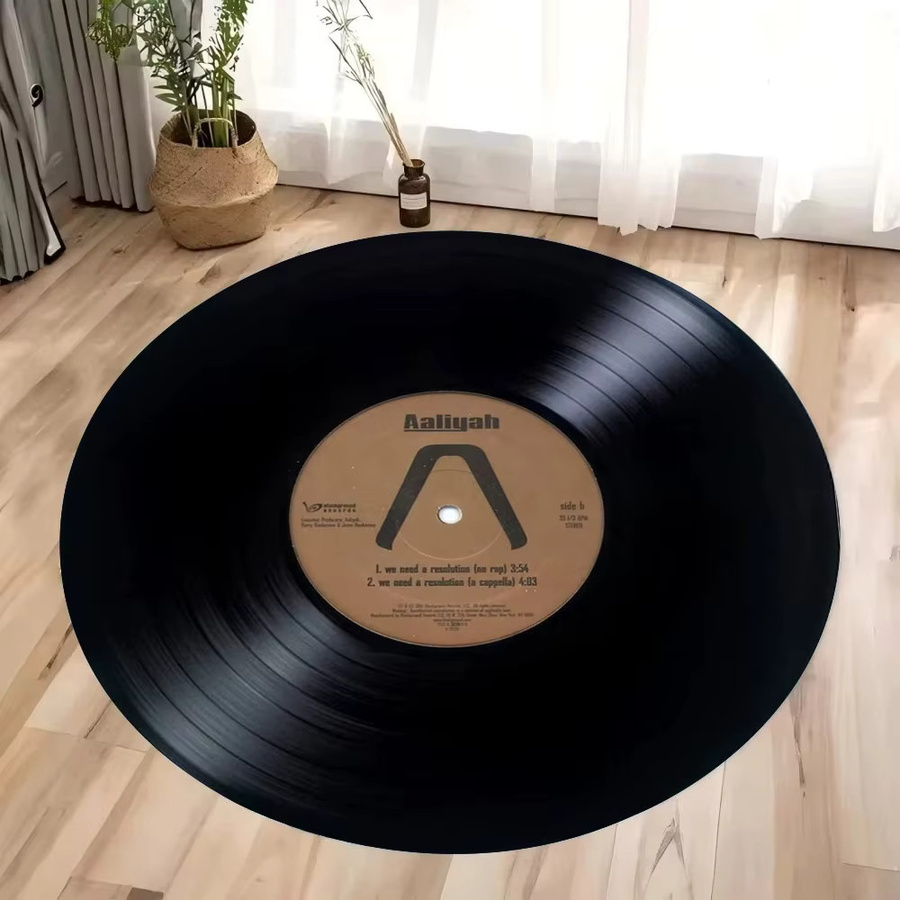 Runder Vinyl-Schallplattenteppich im Retro-LP-Design, rutschfeste Musikteppich-Matte aus Polypropylen in Schwarz für Wohnzimmer und Kinderzimmer - Bild 1