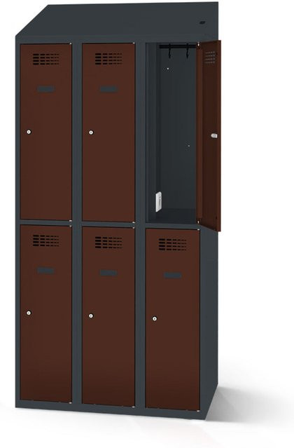 rotstahl Garderobenspind mit 6 Türen und Ladefunktion, Farbe Mahagoni und anthrazitgrauer Korpus, B: 120 cm, H: 200 cm - Bild 1