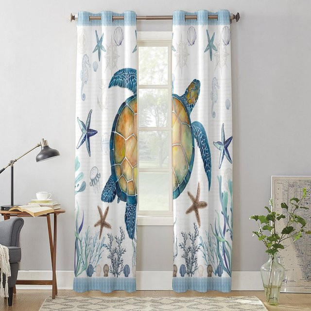 Dekorativer Vorhang mit Meeresschildkröte, Seestern und Muschel in Weiß und Multicolour von Super Six, Breite: 135 cm, Höhe: 60 cm - Bild 1