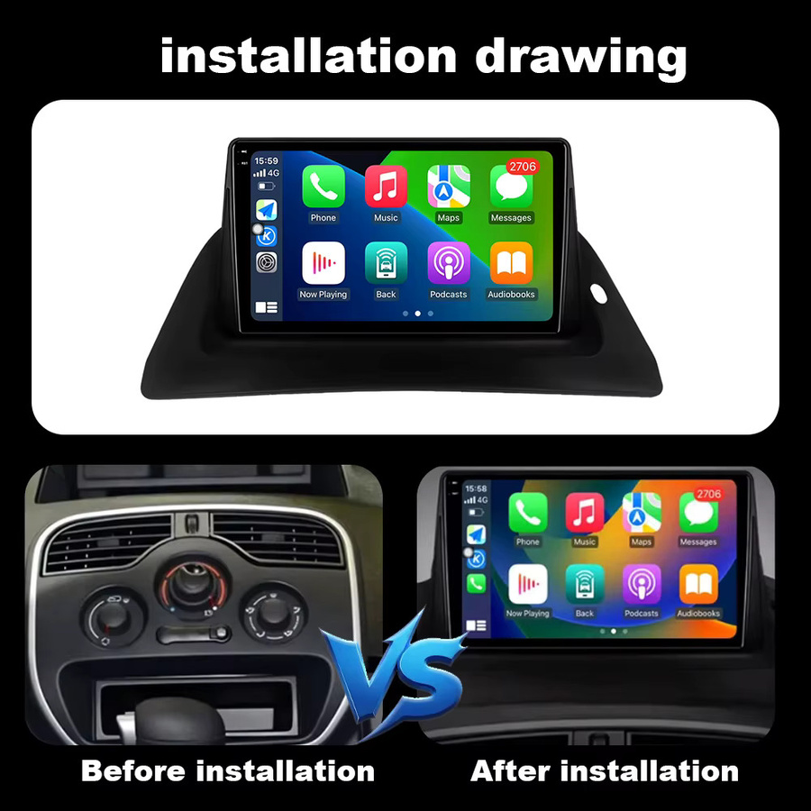 KJ-NAVI Android 14 Autoradio mit QLED-Bildschirm und kabellosem CarPlay für Renault Kangoo 2008-2009 und 2015-2018 in Schwarz - Bild 3