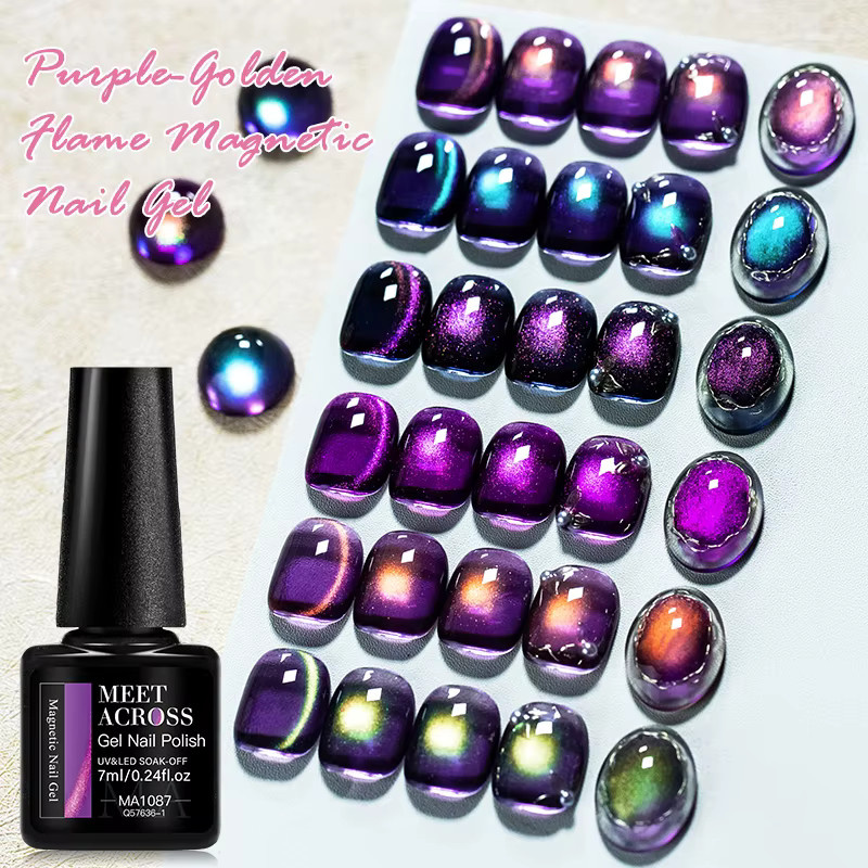 MEET ACROSS Gel-Nagellack-Set, Lila-Goldene Flamme, Glitzer, Schimmernd - Bild 2