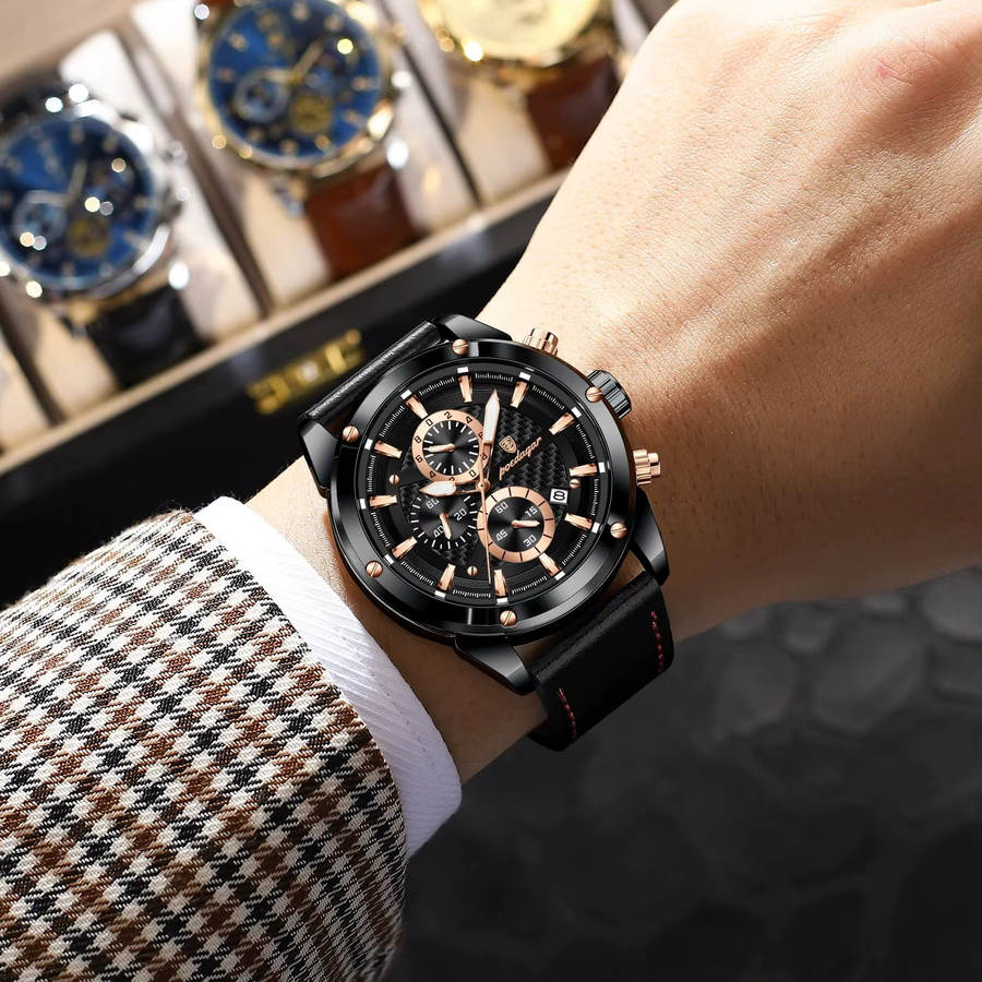 POEDAGAR Armbanduhr, Chronograph, Quarz, Leder, Schwarz, Herren - Bild 6