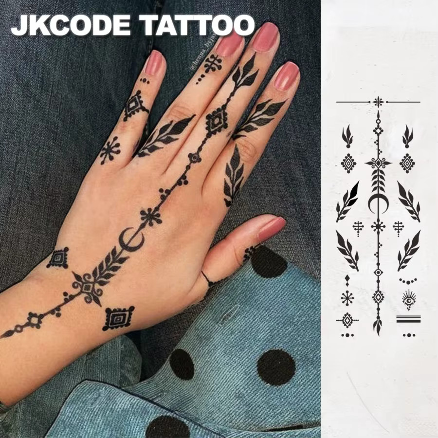 JKCODE TATTOO Handtattoo Damen, Henna Blatt- und Rosenmuster - Bild 2