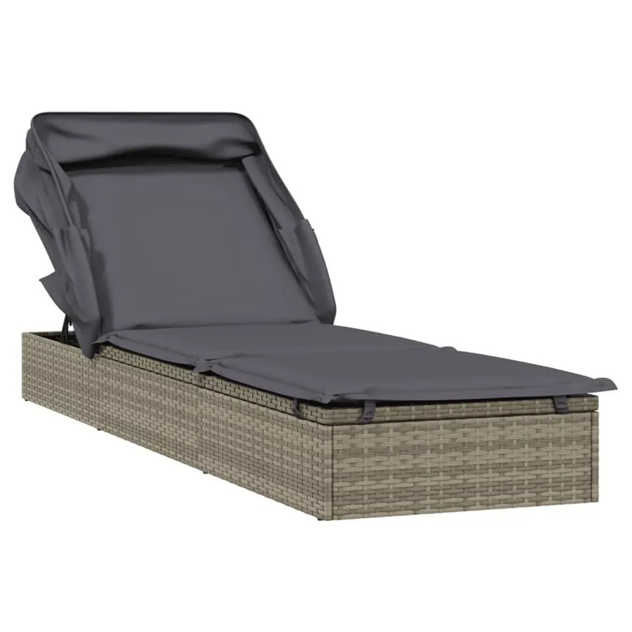 vidaXL Sonnenliege aus PE-Rattan mit Faltdach in Grau, B/T/H: 213 x 63 x 97 cm - Bild 2