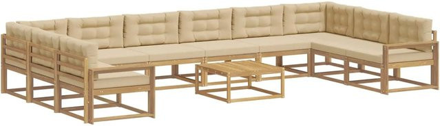 vidaXL Outdoor-Sofagarnitur in L-Form aus Akazienholz mit 11 Kissen in Weiß und Beige - Bild 1
