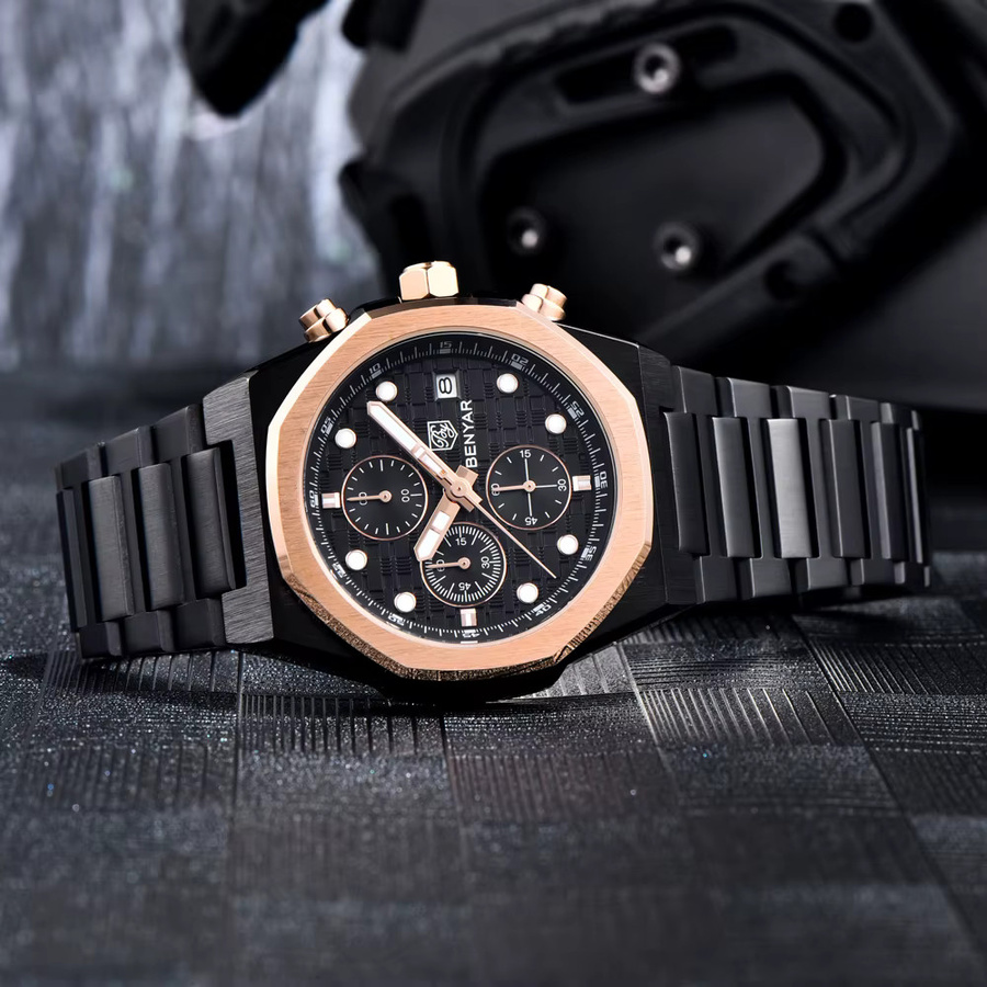 BENYAR Chronograph Armbanduhr, Quarz, Edelstahl, Schwarz, Herren - Bild 4