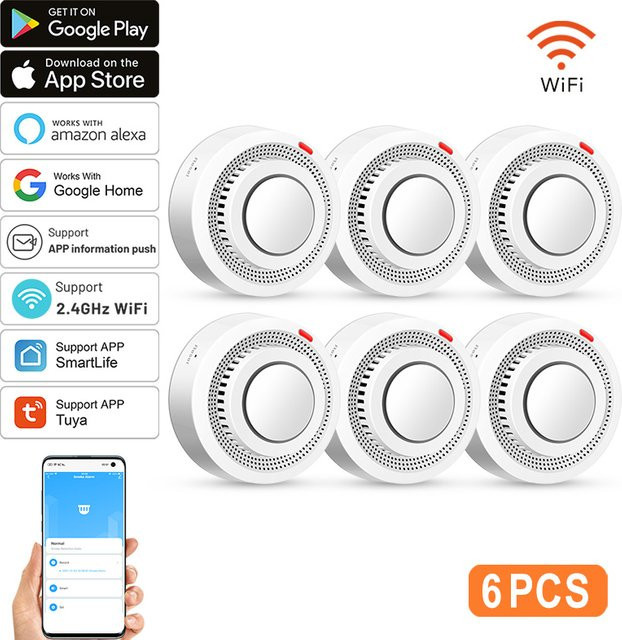 Tuya WiFi Smart Rauchmelder 6er-Pack in Weiß mit Smartlife APP-Steuerung, 85 dB Alarm und Unterstützung für Alexa und Google Assistant - Bild 1