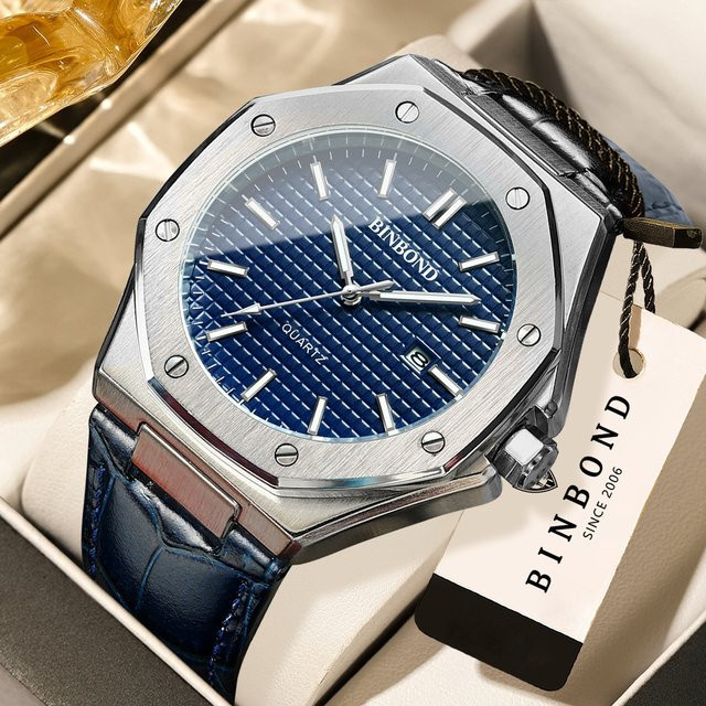 BINBOND Armbanduhr Quarz, Edelstahl, Leder, Blau, Herren - Bild 1