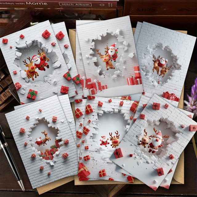 Set aus Weihnachtskarten mit Umschlägen, Pop-Up Grußkarten mit Weihnachtsmann und Rentier, glitzernd, B: 9 cm, H: 13 cm - Bild 1