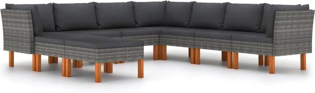 vidaXL 9-tlg Garten-Lounge-Set in U-Form aus Poly-Rattan und Eukalyptusholz in Grau mit Polstern - Bild 1