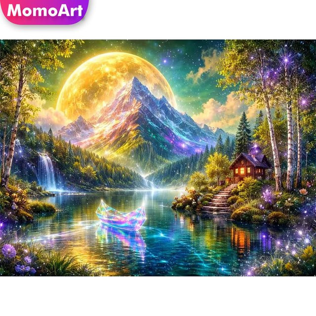 Momoart DIY Diamant-Stickerei Set Berglandschaftsgemälde mit Fluss in Multicolour, rundes Diamant-Mosaik für die Wandgestaltung - Bild 1