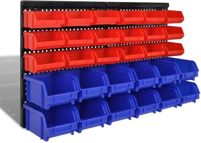 vidaXL 30-teiliges Wandregal Steckregal in Blau und Rot für Werkstatt und Home-Office mit Rückwand, B/T/H: 140 x 38 x 65 cm - Bild 1