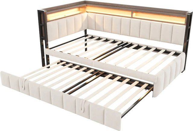 Merax Schlafsofa in L-Form mit Ausziehfunktion, Samt Beige, inklusive LED-Beleuchtung und USB-Anschluss, Breite: 90 cm, Länge: 200 cm - Bild 1