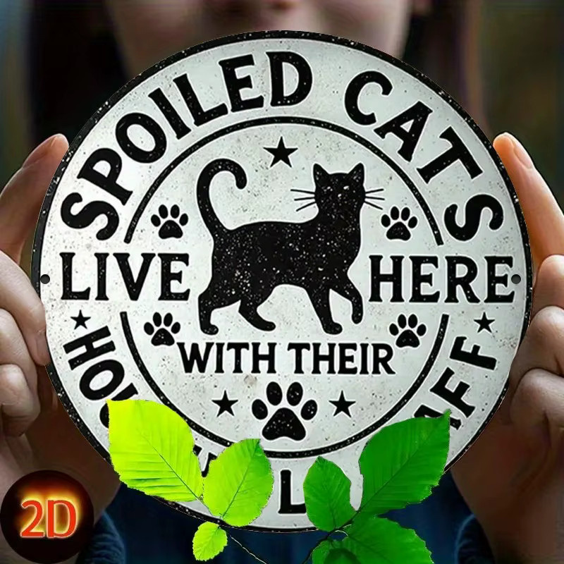 DDPNKL Vintage-Eisenschild Wanddekoration mit schwarzer Katzensilhouette und Aufschrift Spoiled Cats Live Here, rund, Metall, Durchmesser: 30 cm, Höhe: 30 cm, Breite: 30 cm - Bild 3