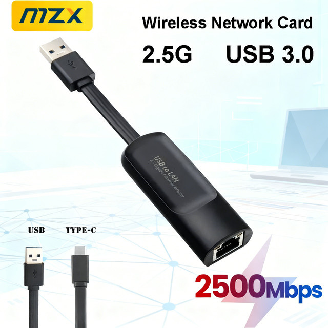 MZX USB 3.0 Ethernet-Adapter mit USB-A und USB-C auf RJ45, 2,5 Gbit/s LAN-Konverter, Schwarz - Bild 1
