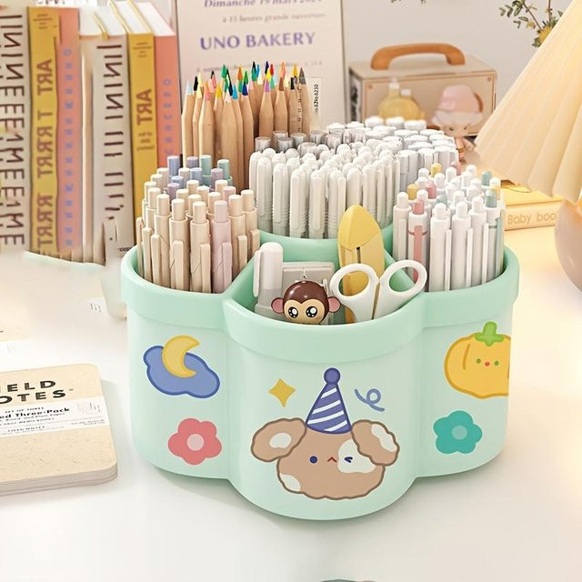 KR-CAIYUNLAI Schreibtisch-Organizer-Set aus Kunststoff, 360 Grad drehbarer Schreibwarenhalter mit mehreren Fächern, Grün - Bild 1