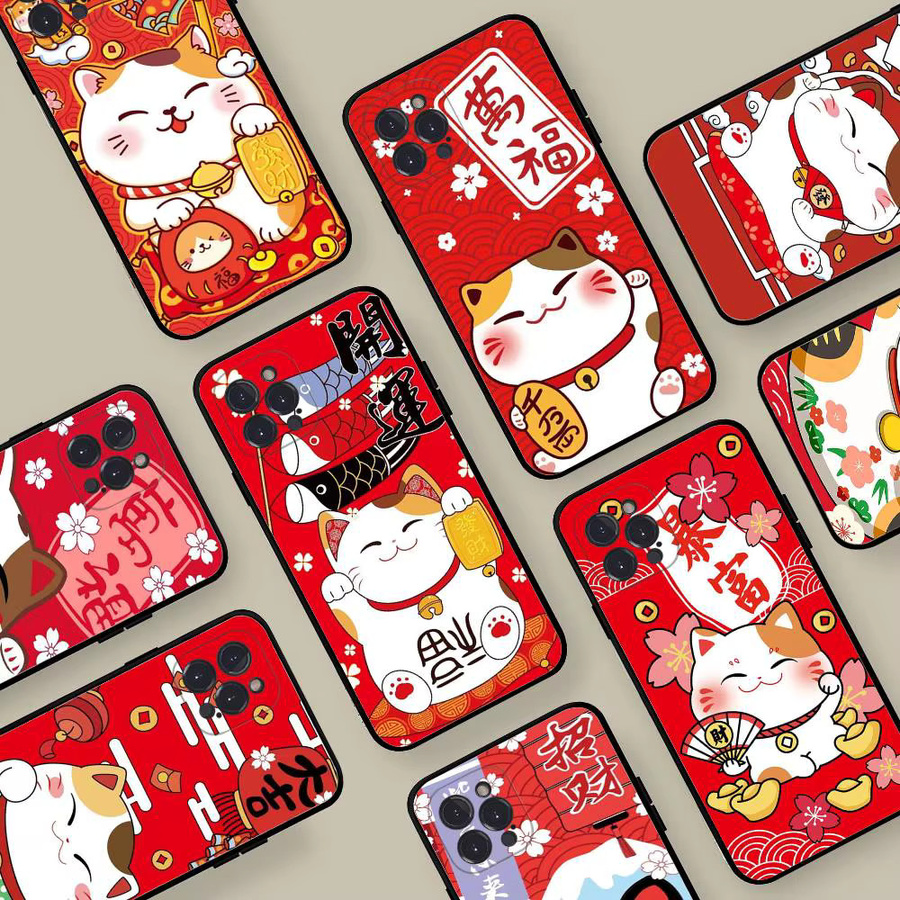 Maneki Neko Glückskatze Handyhülle von Potdemiel für iPhone 16 15 14 13 12 11 Pro Max Plus Mini in Schwarz und Rot - Bild 5