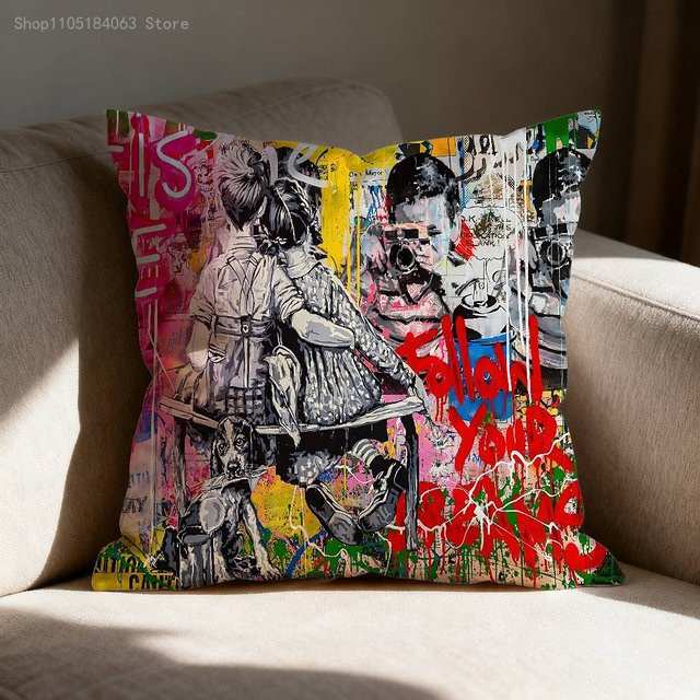 B-BanksyS Street Graffiti Kissenbezug aus Polyester, quadratisch, Multicolour, B/T/H: 30 x 30 x 0 cm - Bild 1
