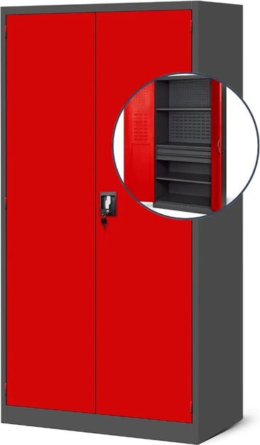 DELUKE Werkzeugschrank aus Stahl mit Lochwand und Schubladen in Anthrazit-Rot, H x B x T: 185 x 92 x 50 cm - Bild 1