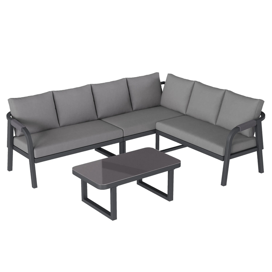 okwish Gartenmöbel-Set mit Ecksofa und Couchtisch in L-Form, grau geflochten mit Arm- und Rückenlehnen sowie Polsterkissen - Bild 2