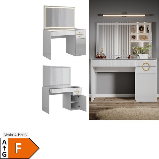 Vicco Schminktisch Adela Weiß Hochglanz mit LED-Spiegel, B/T/H: 115 x 76,4 x 55 cm - Bild 1
